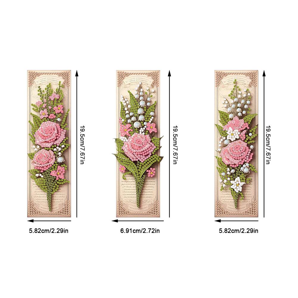 3Pcs Special Shape Rose Bouquet Diamond Painting Bookmark Making Kit Diamond Art Bookmark with Pendant for Kids Adults Beginners