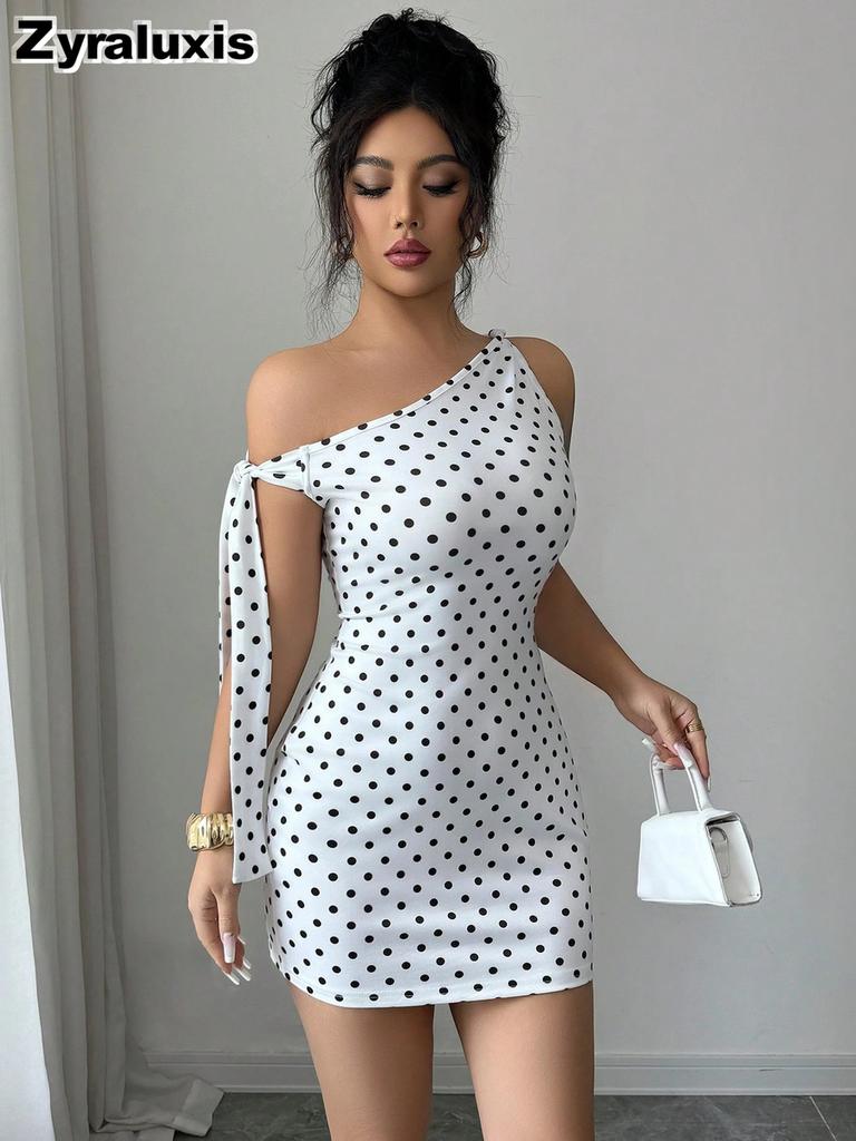 Neues Retro-Pünktchen-Off-Shoulder Bodycon Etui-Minikleid für Damen