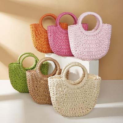 Handwoven Straw Rattan Half-Moon Beach Handbag Large Capacity Women Summer Hollow Out Crossbody Shoulder Bag