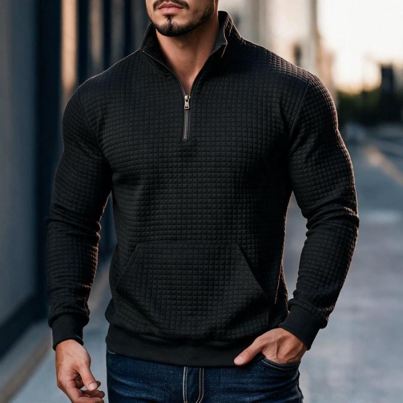 Casual Solid Waffle Half Zip Pocket Long Sleeve Stand Collar Sweatshirt