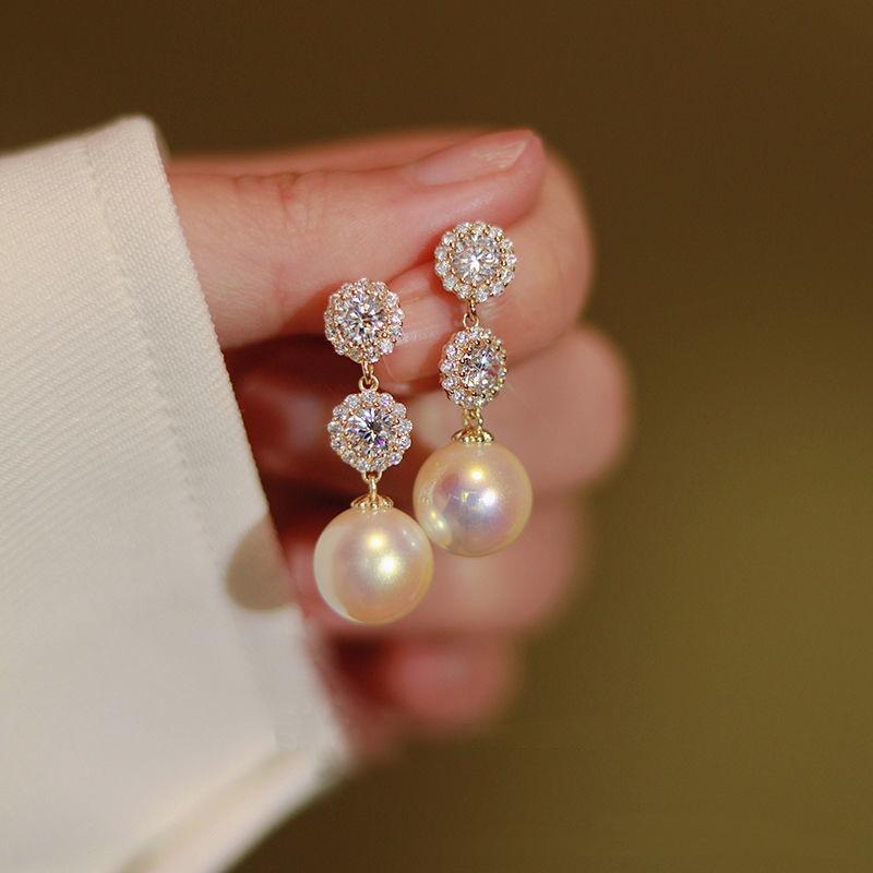 New Design Sweet Rhinestone Flower Stud Earrings For Women Elegant Imitation Pearl Crystal Zircon Earring Korean Party Zircon