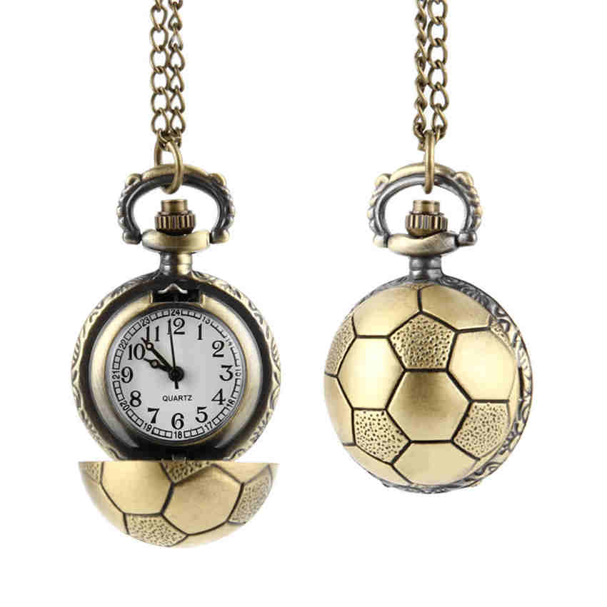 Retro Creative Soccer Ball Shape Design Bronze Round Quartz Pocket Watch with Chain Necklace