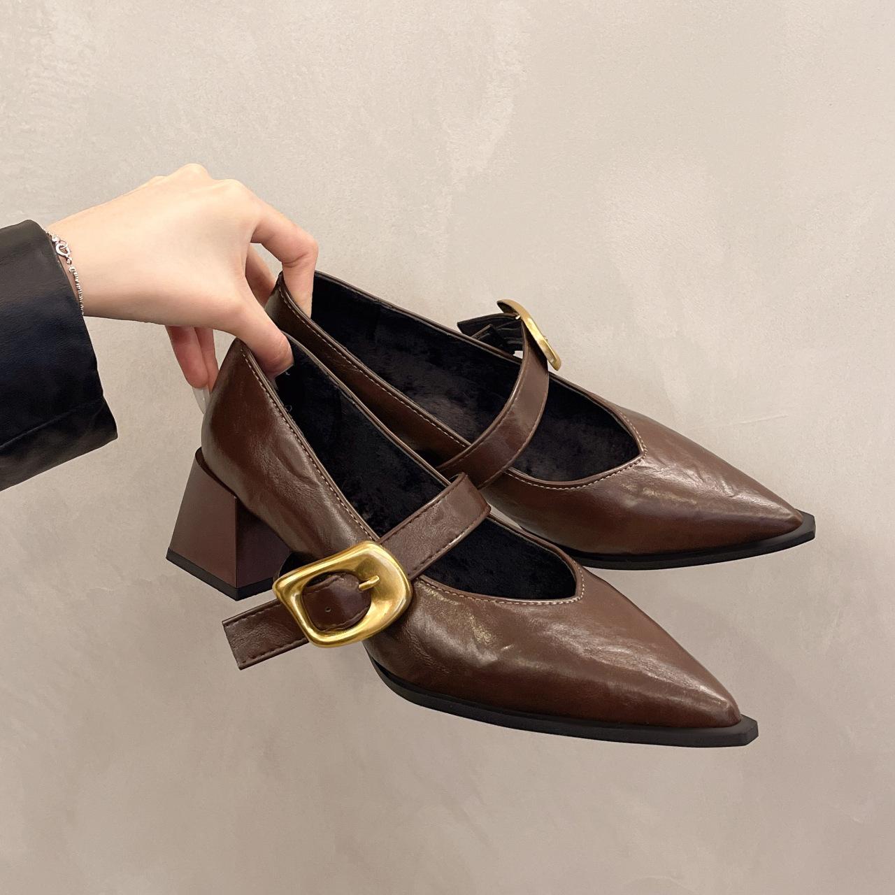 

Coarse heel temperament pointed black commuter Mary Jane shoes women s autumn 2025 new one-word with large size high heels 35