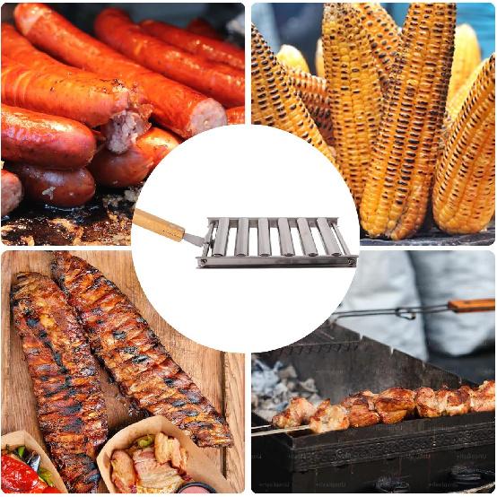 Stainless Steel Hot Dog Roller for Grill + Metal Spatula with Long Wooden Handle, BBQ Hot Dog Rack for Griddle 6 Rollers for Holding 5 Hot Dogs -