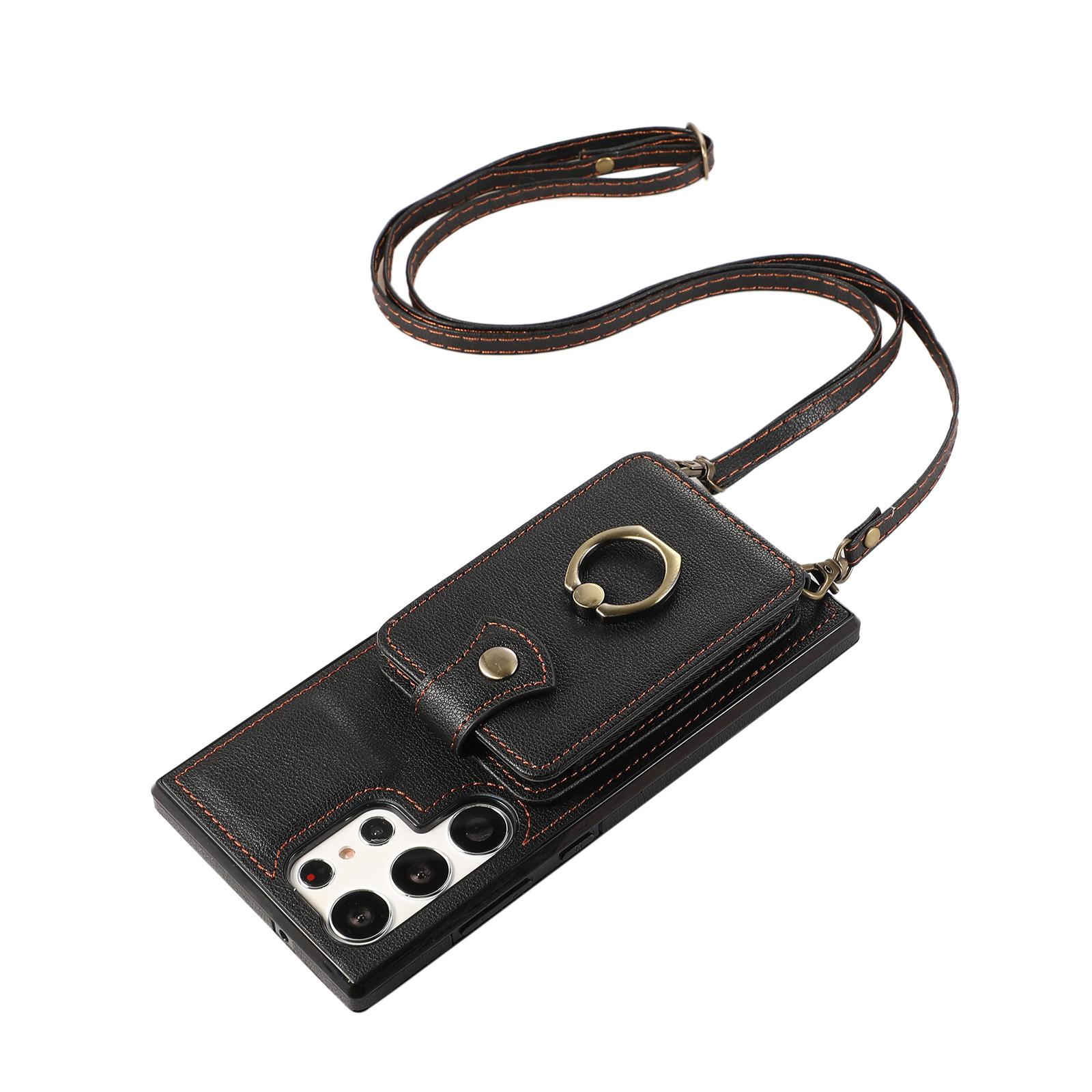

Жіночий шкіряний чохол для телефону Crossbody для Samsung Galaxy S23 S22 S21 S20 S10 A52 A72 A14 A24 Multi-card Slot Organ Design Ring Stand Cover для iPhone Samsung S22 чорний