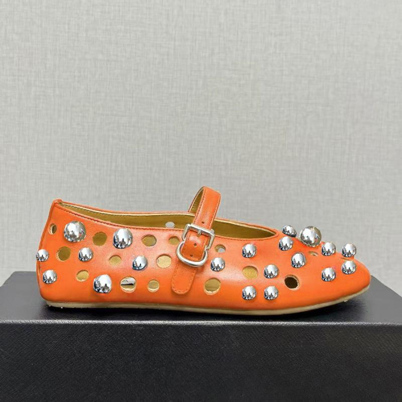 Fashion Luxury Black Pearl Round Head Buckle Ballet Sandals Summer Autumn Metal Hollow Commuting Casual Mary Jane Single Shoe Size 45
