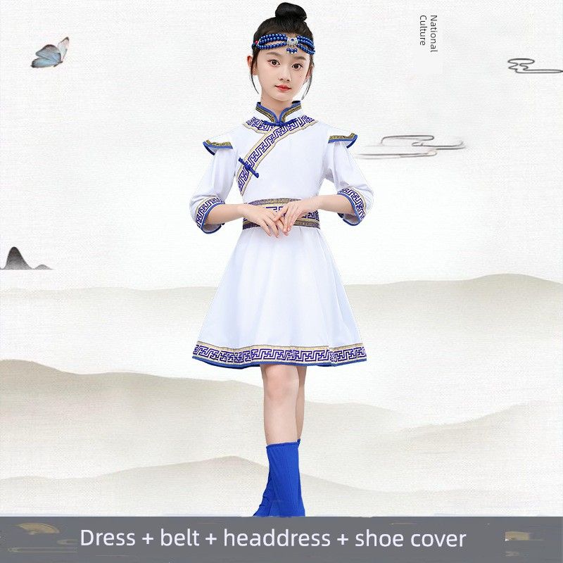 

Новый детский монгольский костюм, одежда для выступления, одежда для танца белого коня, одежда меньшинств, платье для выступления для мальчиков и девочек GDM female white short sleeve 110cm