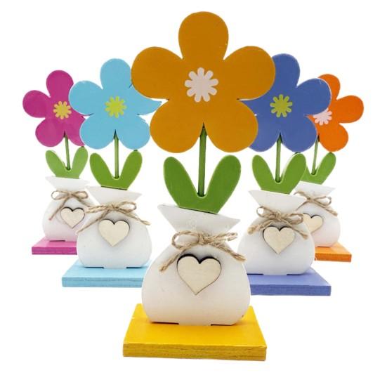 Yousheng 5Pcs/Set Wooden Flower Ornament with Base Boho Farmhouse Rustic 3D Colorful Flower Wood Table Sign Centerpiece Home Office Desktop Decoration
