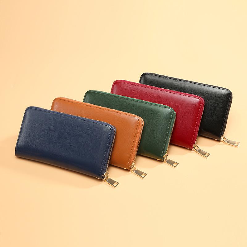 Women's Large Capacity Genuine Leather Wallet Clutch with Zipper Card Holder & Wrist Strap - Fashionable & Casual Style