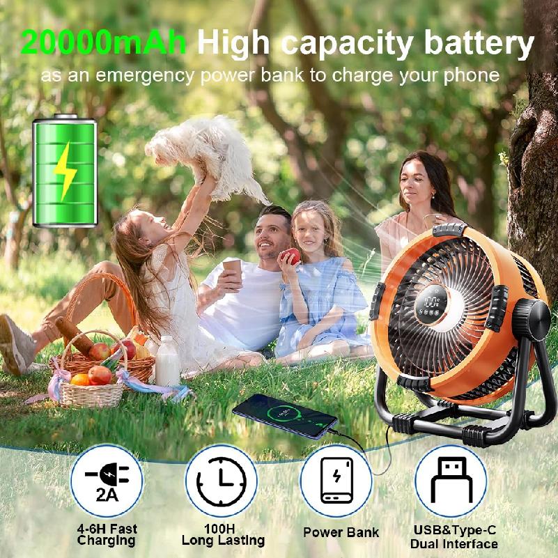 Kempingový ventilátor 20000mAh Dobíjecí Přenosný Venkovní Kempingový Ventilátor Cirkulátory Vzduchu Bezdrátové Stropní Ventilátory do Stanu s Háčkem a Světlem