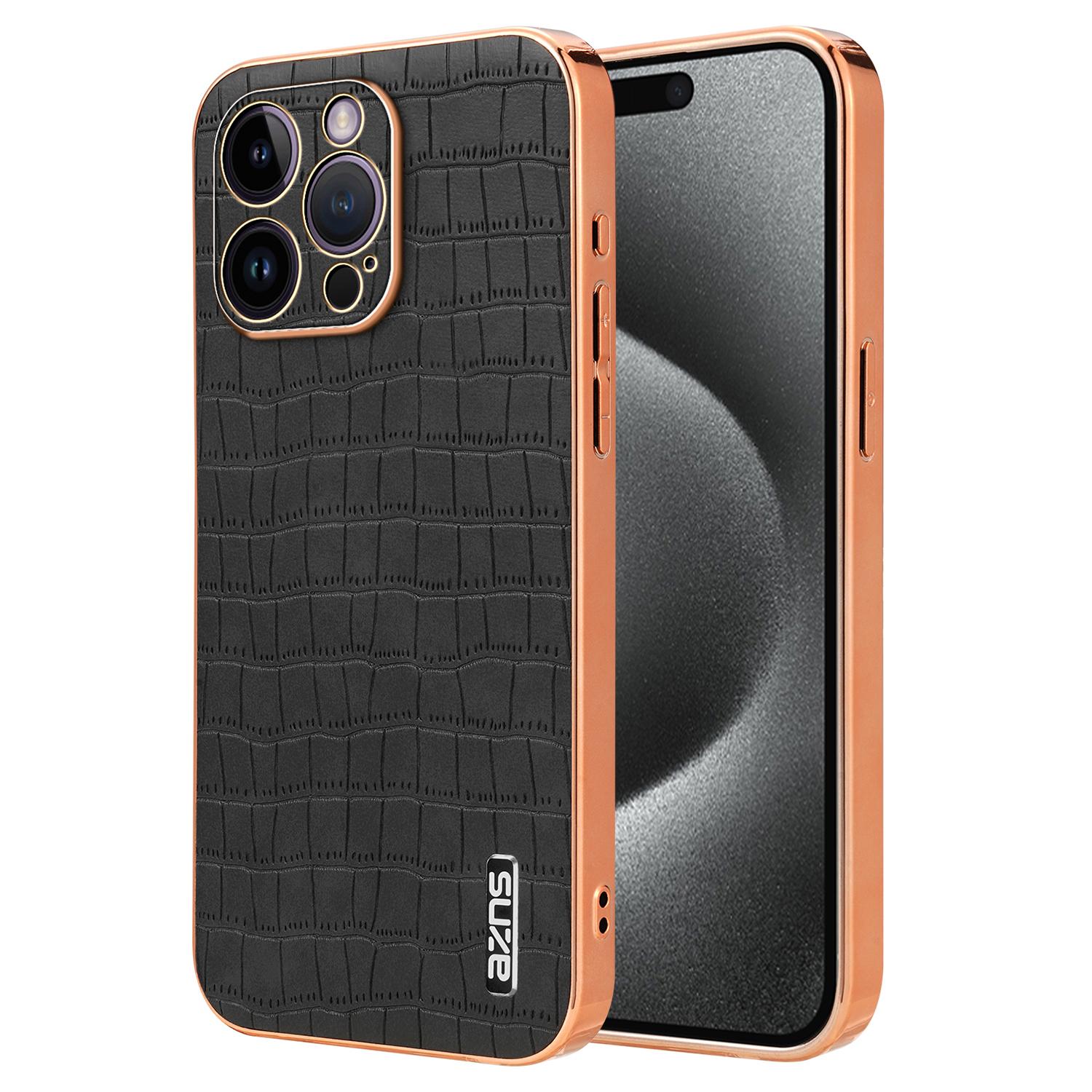 

AZNS For iPhone 16 Pro Max Case Electroplating Crocodile Texture PU+TPU Phone Cover Black