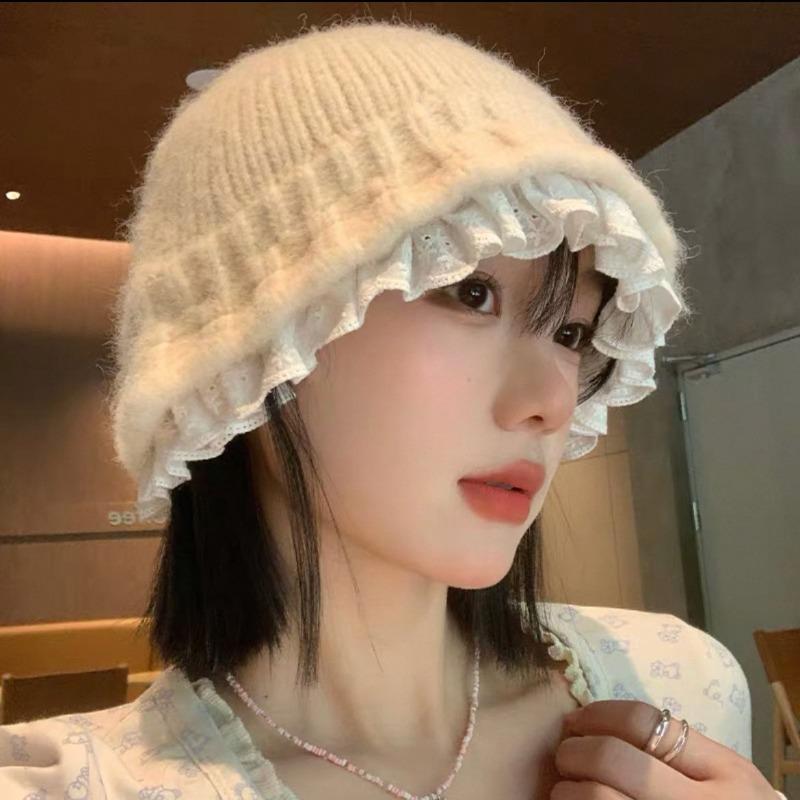 Lace Lace Bucket Hat Women's Autumn and Winter Sweet Wool Knitted Hat Showing Face Small Hat Winter