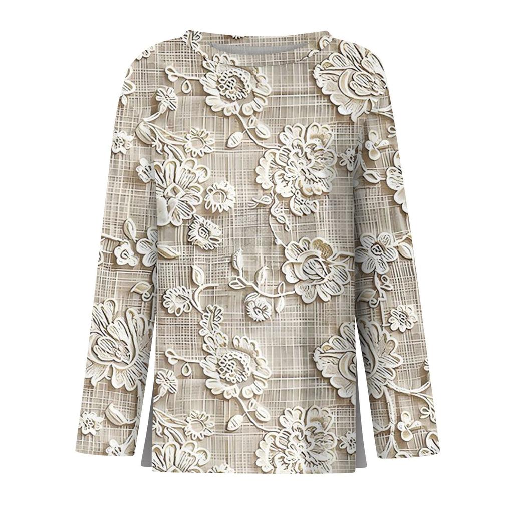 Women's Fashion Casual LongSleeve Print Round Neck Pullover Top Blouse