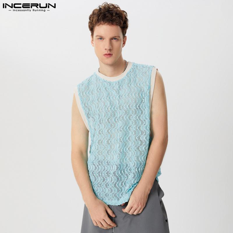 INCERUN Men Mesh Fishnet Sleeveless Tank Tops Lace Patchwork Summer Vest