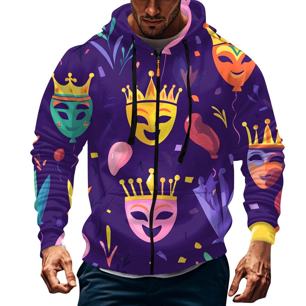 Men's Sports Casual Fleece Hoodie Carnival Print Hoodie Cardigan Zipper Multi-pocket Hoodie Coat