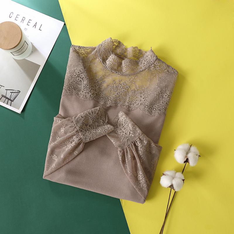 

Qooth женская кружевная сетчатая рубашка с длинными рукавами, офисная женская мода, элегантный однотонный шелковый вязаный топ на весну и осень QT2031 One size хаки