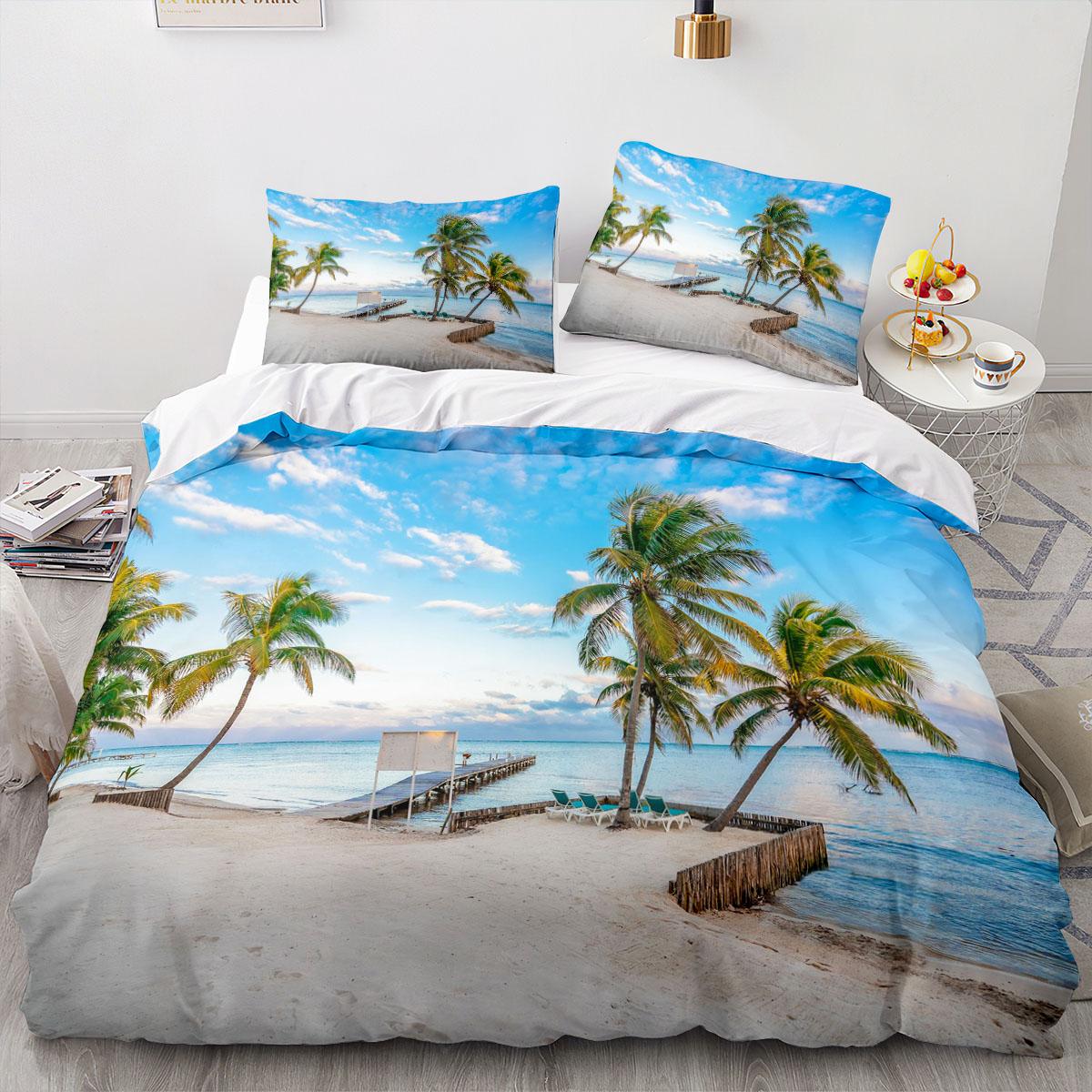 Housse de couette noix de coco vue sur mer Grande taille Calico Double Ensemble de literie couette Simple Complet Pour adolescents Adultes Microfibre Simple EU single(135x200cm)