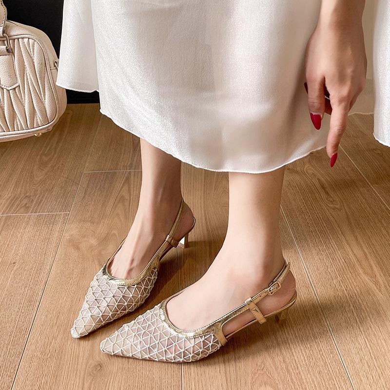 Breathable Mesh Yarn Bag Head Sandals Single Shoes Summer Pointed Muller Shoes Stiletto High Heels One-word Buckle Belt