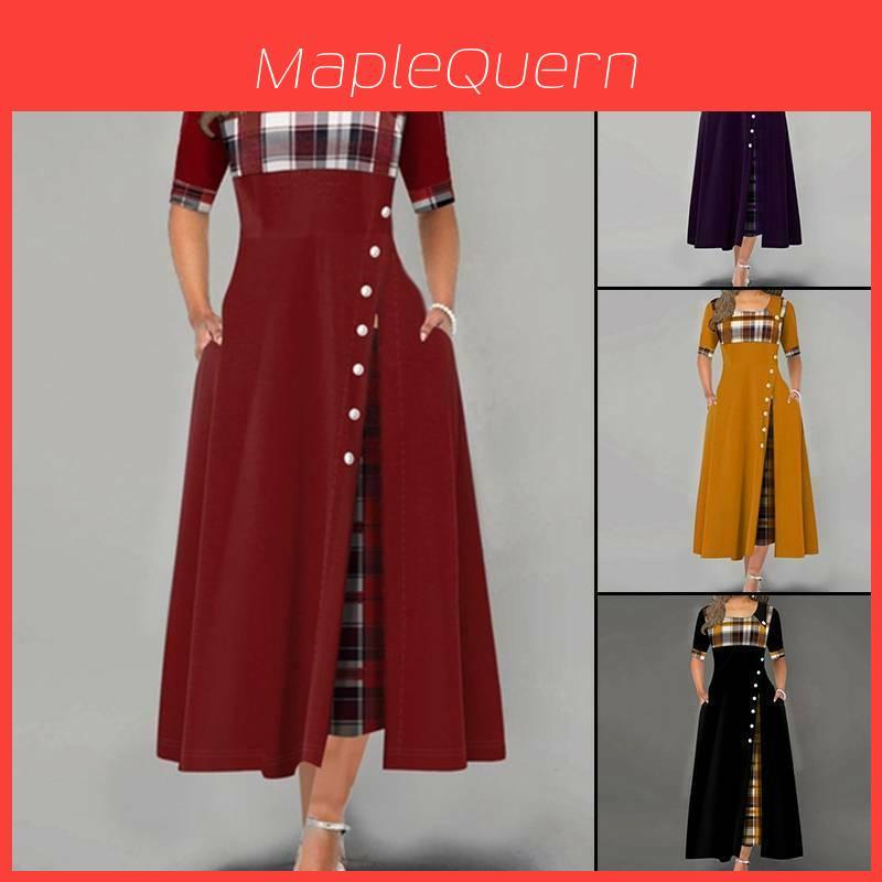 Women Casual Irregular Plaids Button Maxi Dress Half Sleeve Plus Dress Size