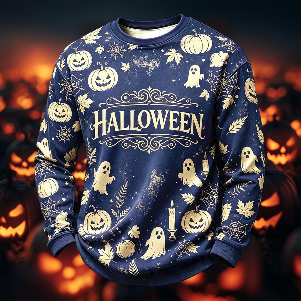 Men's Casual Round Neck Long Sleeve Top with Halloween Print