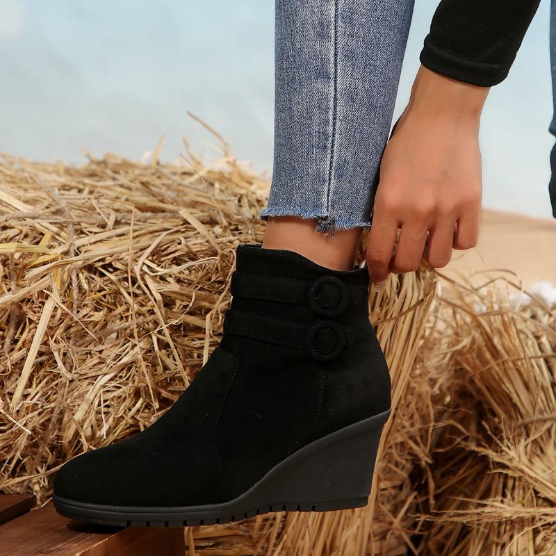 Fashion Autumn and Winter New Side Zipper Ladies Short Walking Women's Boots Suede Wedge Ankle Boots Women Shoes Black Big Size 42