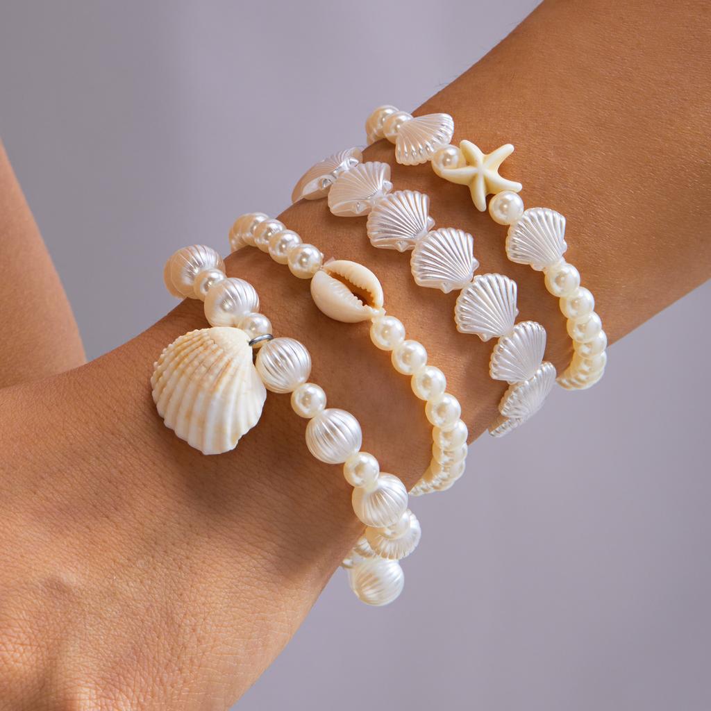 Vintage Reiskörner Stapelbare Armbänder Set für Damen Sommer Seestern Muschel Elastische Armbänder Charms Urlaub Reise Party Schmuck