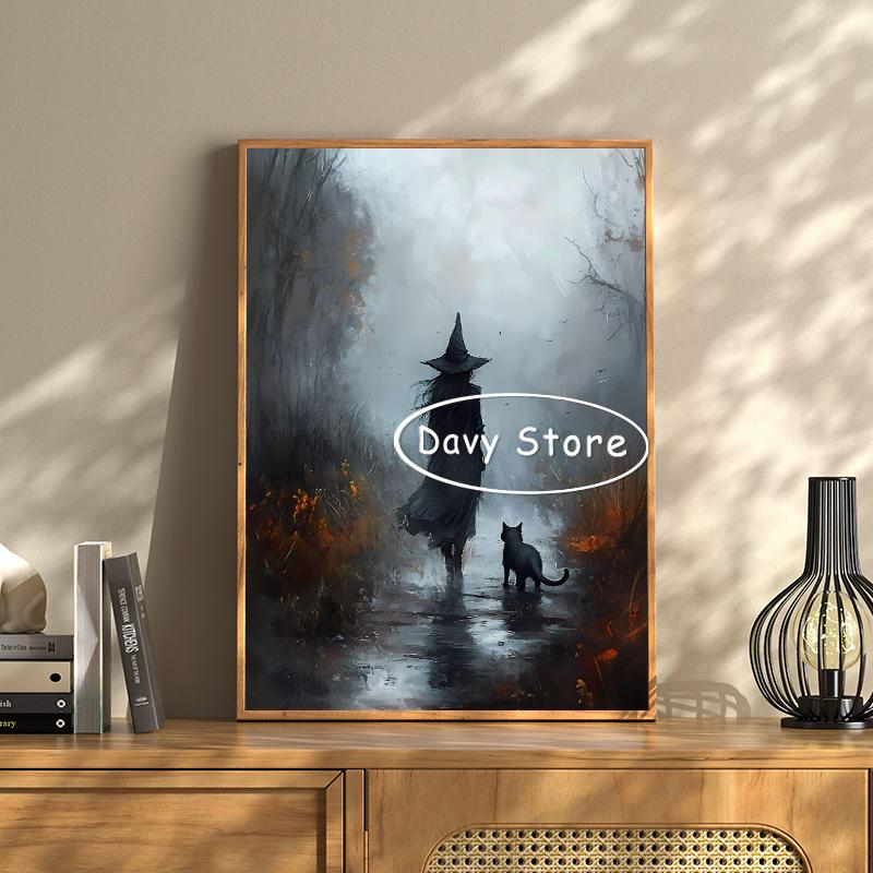 Vintage Witch Black Cat Dark Academia Poster Print Canvas Painting Halloween Witchy Wall Art Picture Gothic Room Home Decor