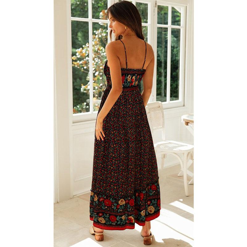 Womens Summer Floral Long Dress Ladies Bohemian V-neck Suspender Floral Holiday Dress