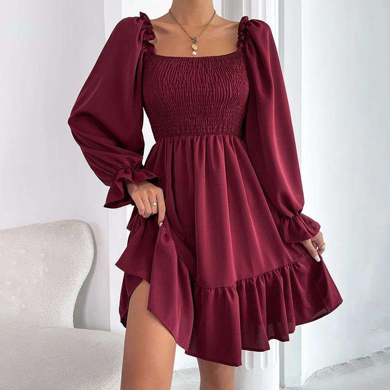 2025 French Minimalist Square-Neck Dress Long-Sleeve High-Waisted Bodycon Dress with Flounced Hem