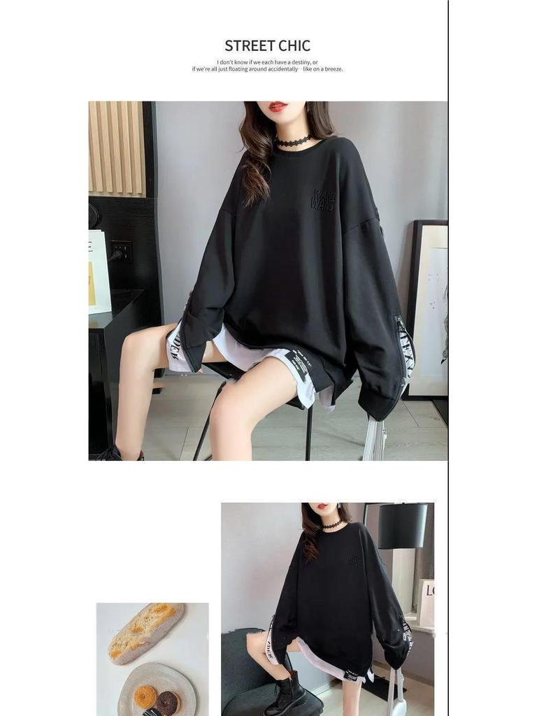 Women's Autumn Spliced Zipper Two-Piece Loose Sweatshirt - Long-Sleeve, Medium-Length, Trendy Large Size