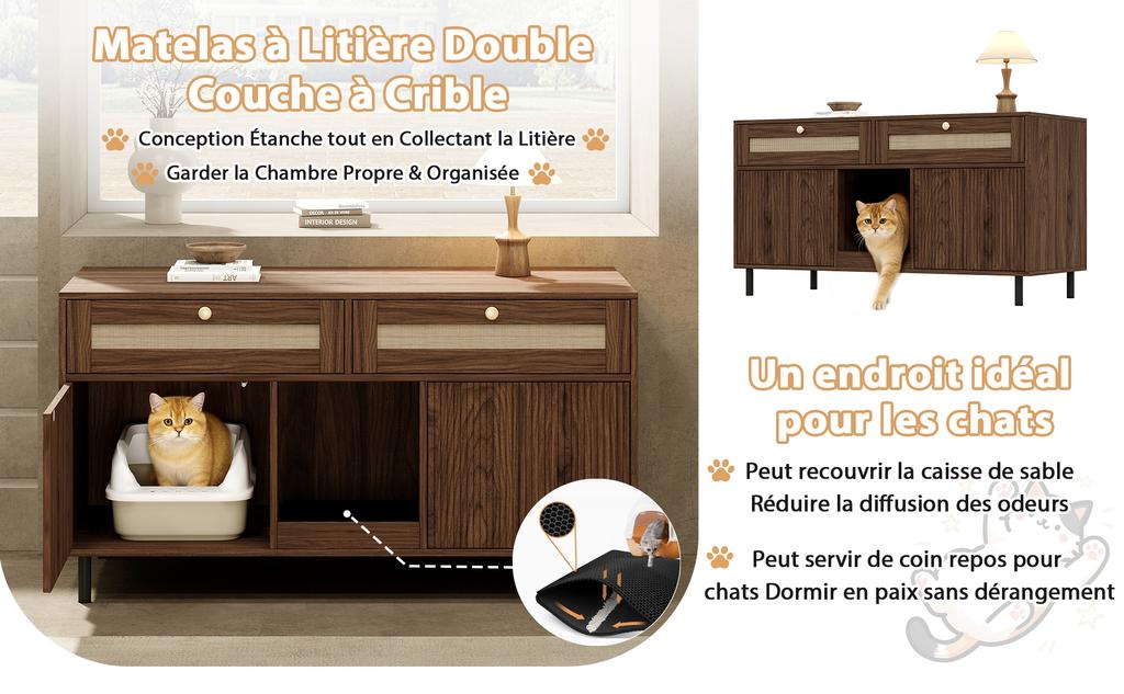 Cat Litter Box Cabinet with Litter Mat, Pet Cabinet with Rattan Drawers, Sideboard/TV Cabinet, Without Litter Box, Walnut, 120x50x65 Cm