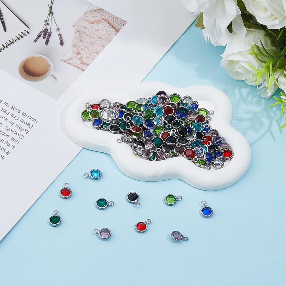 112pcs Crystal Birthstone Pendants 8 Colors Round Glass Rhinestone Charms Stainless Steel Crystal Charms with Jump Rings for Jewelry Necklace