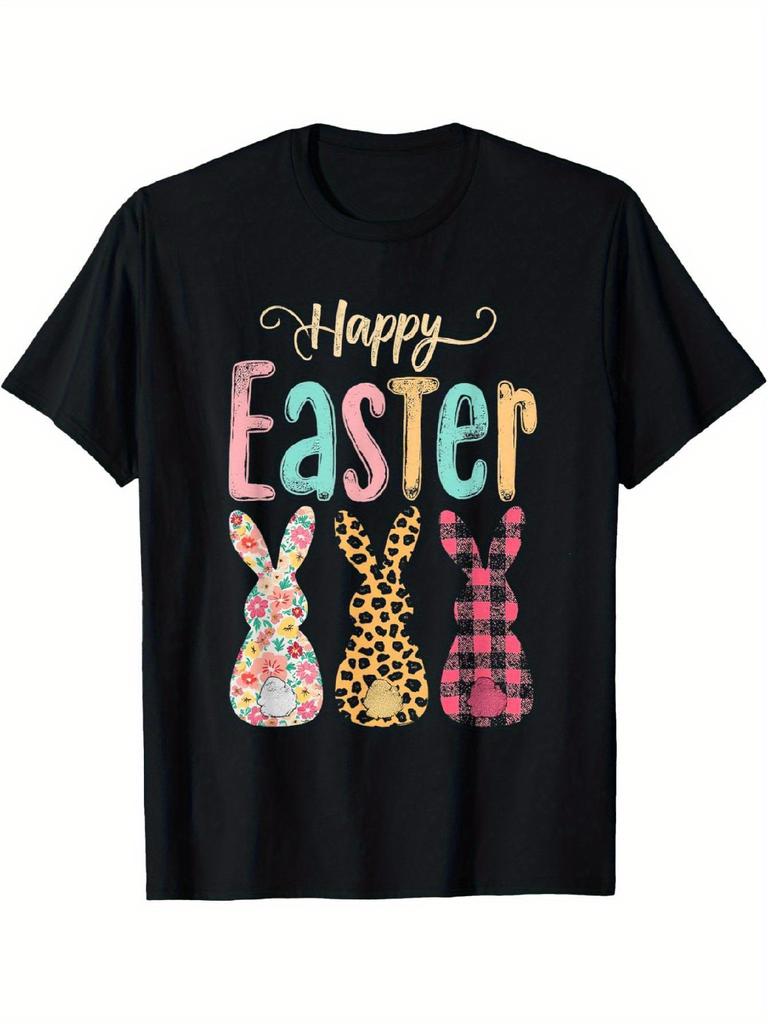 Retro Happy Easter Bunny Floral Leopard Plaid Graphic Tee Soft Cotton Casual T-Shirt for Men