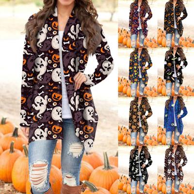 Damenmode Casual Halloween Print Mittellange Strickjacke Langarm Jacke Mantel