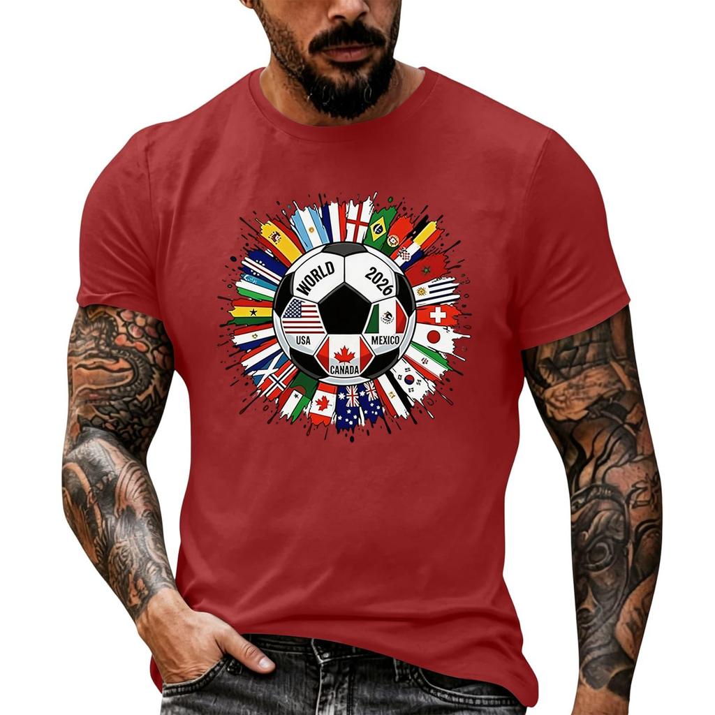 Men's Basic Crew Neck Short Sleeve T Shirt Loose Fit Casual Summer Top Soccer Ball and International Flags Graphic Print