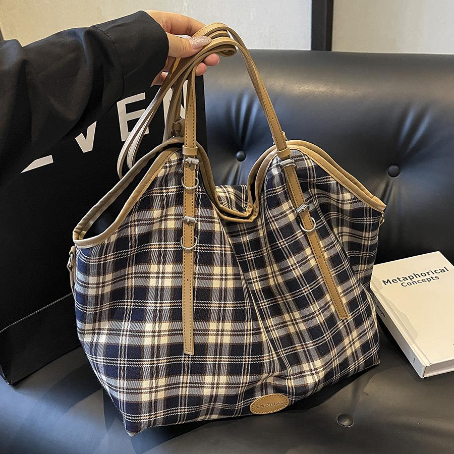 Fashion Plaid Canvas Tote Bag Women's New Versatile Casual Lightweight Shoulder Bag