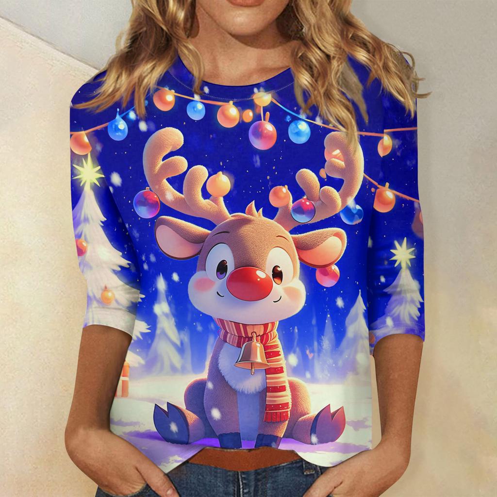 Ladies' Christmas Printed Fashionable Casual Seven Quarter Sleeved Round Neck Top