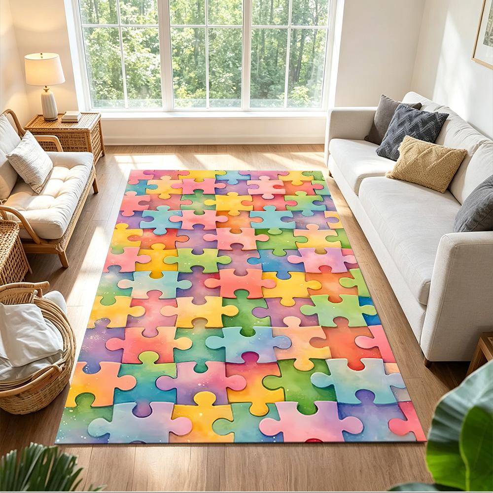 Colorful Puzzle Pattern Background Non-Slip Home Carpet Design for Office Decor Living Room Bedroom Gift