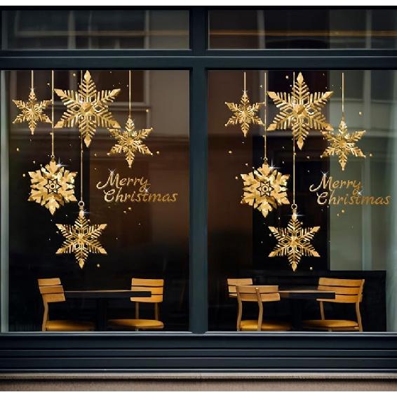 Christmas Tree Window Clings Stickers for Glass, Extra Large Golden Xmas Windows Static Stickers, DIY Wall Window Door Mural Showcase Decal Sticker