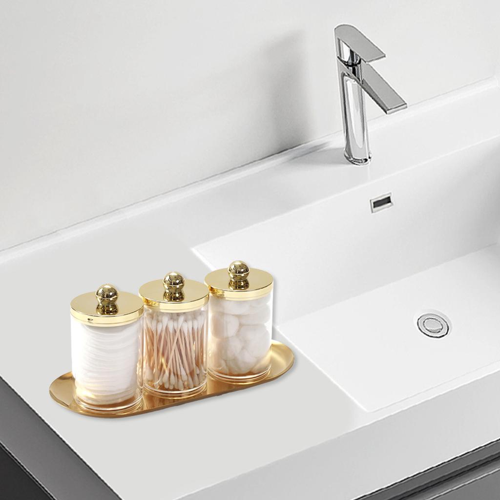 Lot de 2/3 Porte-cotons-tiges Ensemble de salle de bain avec organisateur de plateau doré Bocaux d'apothicaire en plastique acrylique Distributeur de cotons-tiges Boîte avec couvercle