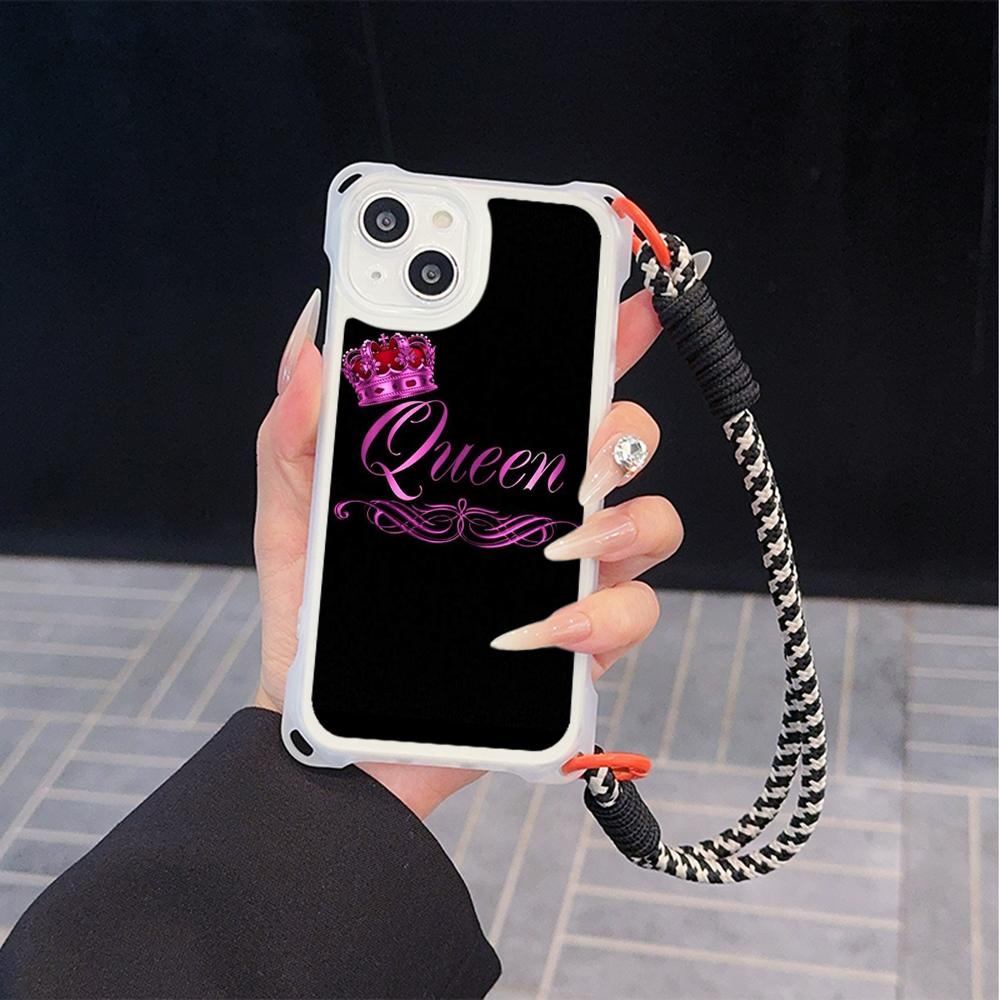 Ae84 King Queen Couple Art Soft Phone Cases for iPhone 16 15 14 13 12 11 Pro Max 8 7 Plus XR XS with Wrist Strap Lanyard Corner Protection Back Cover