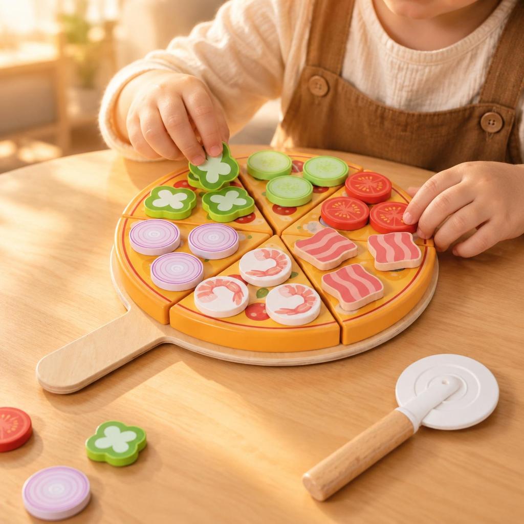 Wooden Pizza Play Set Educational for Playroom, Kids