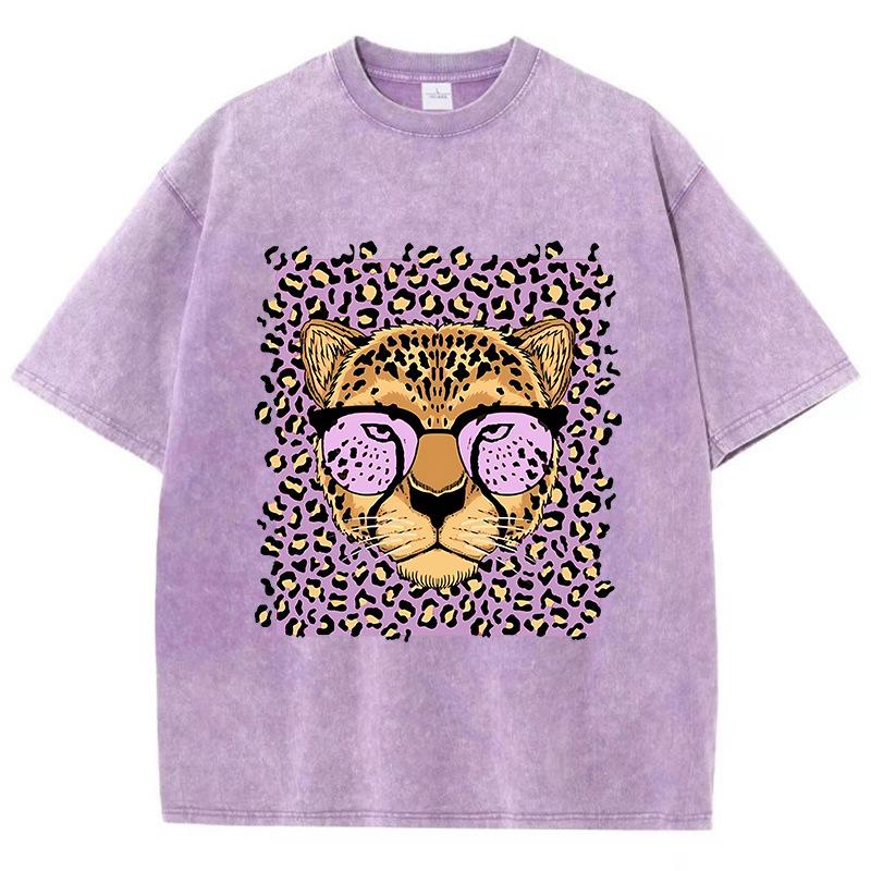 Vintage Womens Acid Wash T-Shirts Leopard Cartoons Printing