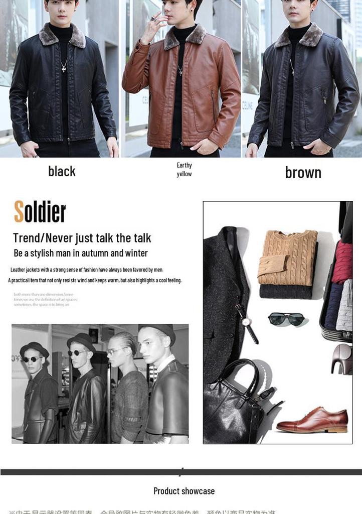 Men's Thick Leather Jacket with Fleece Lining - Lambswool, PU Leather, Lapel Collar, Warm Casual Coat for Spring & Autumn.
