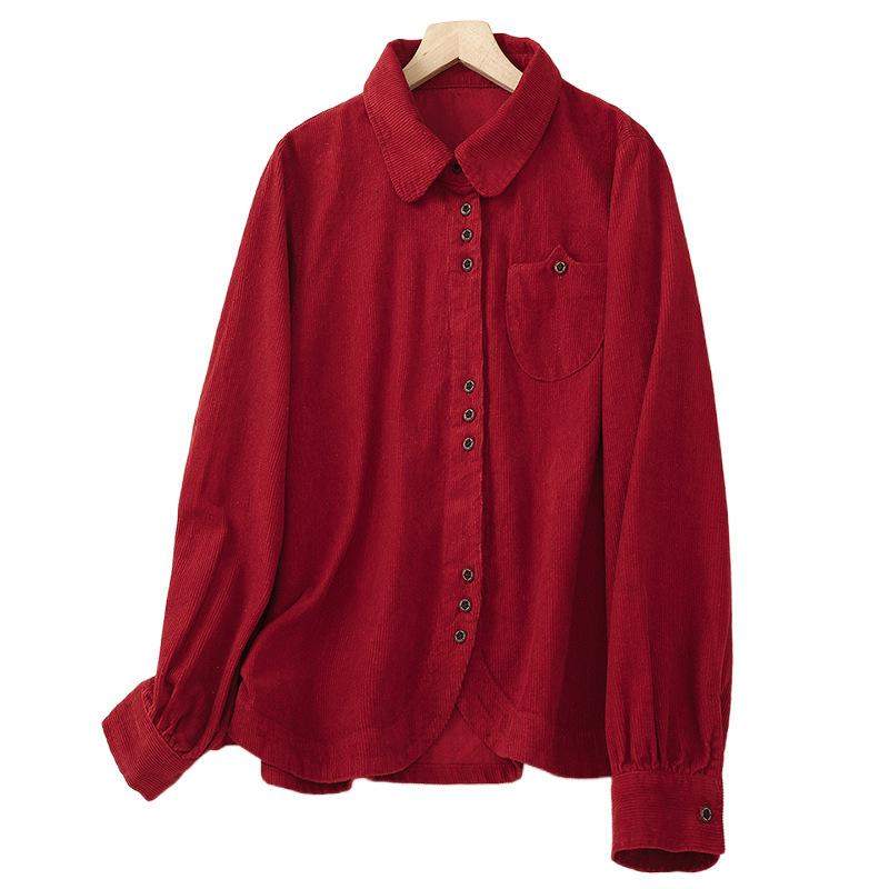 

Осенние винтажные вельветовые рубашки с длинными рукавами, женские свободные повседневные рубашки с карманами M красный