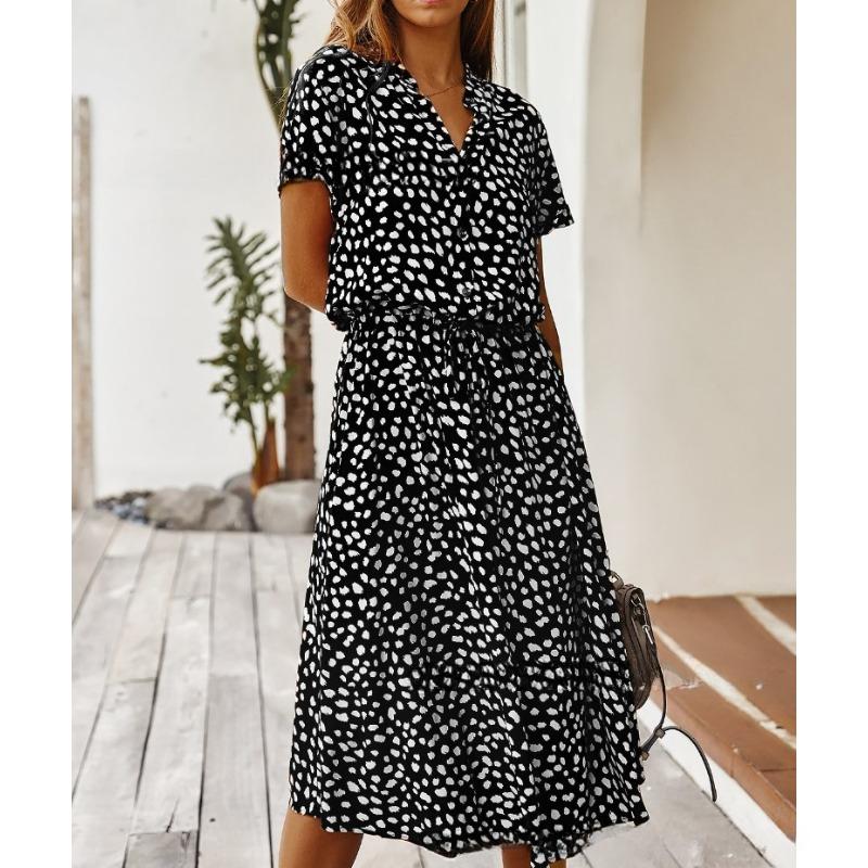 Summer polka dot printed short-sleeved mid-length dress women's fashion all-match elegant temperament