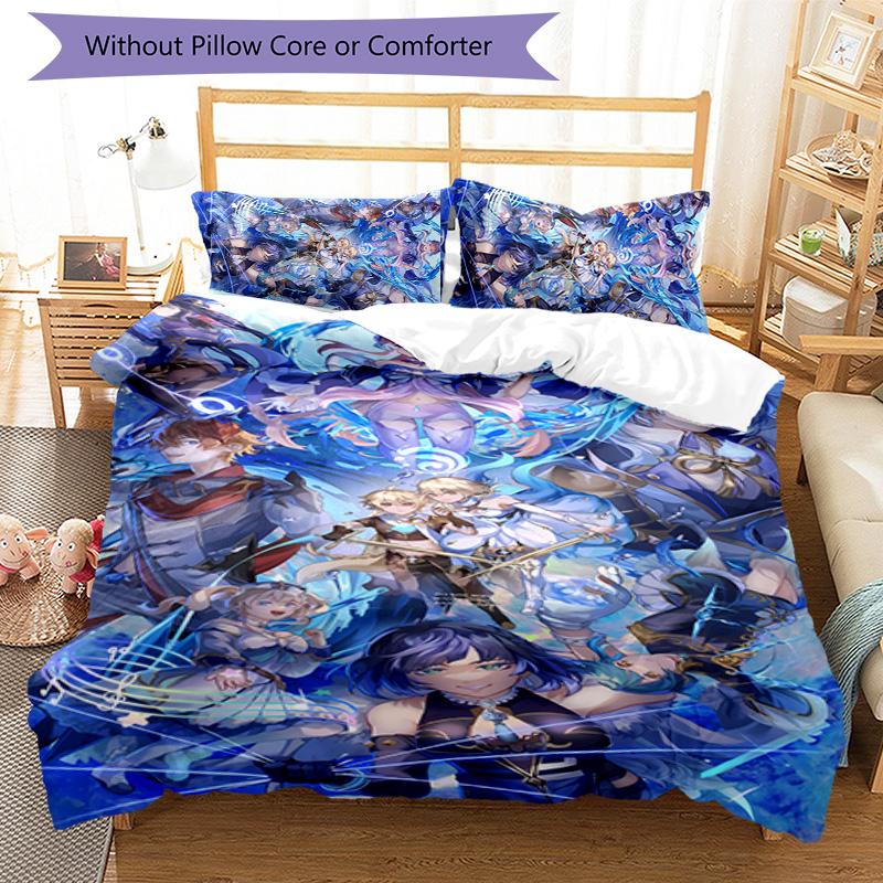 Set lenzuola con motivo personaggi Genshin Impact 3 pezzi set copripiumino include copripiumino e federe, decorazione camera da letto e regalo perfetti per tutte le stagioni