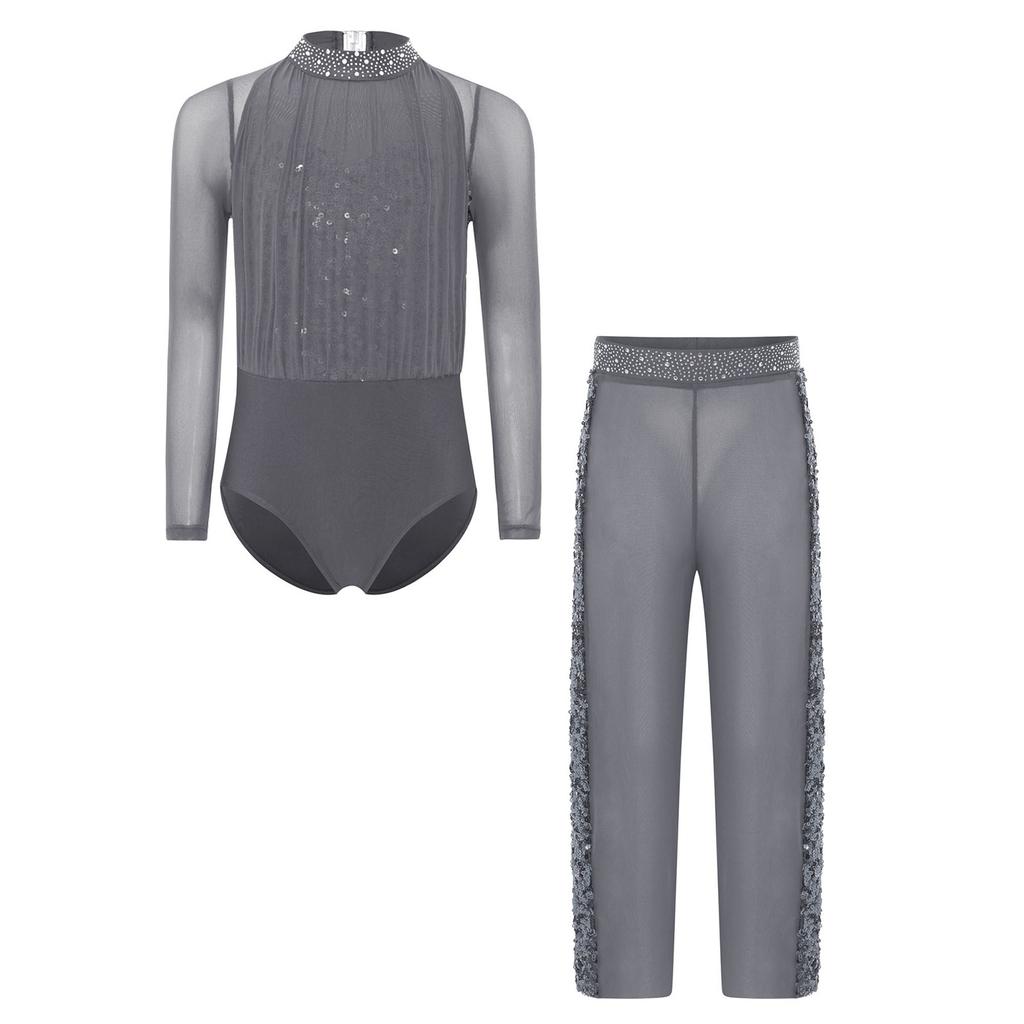 Κοριτσίστικο Κοστούμι Παγοδρομίας Sparkle Στρας Διχτυωτό Ολόσωμο Κολάν Ελαστική Μέση Φαρδιά Παντελόνα