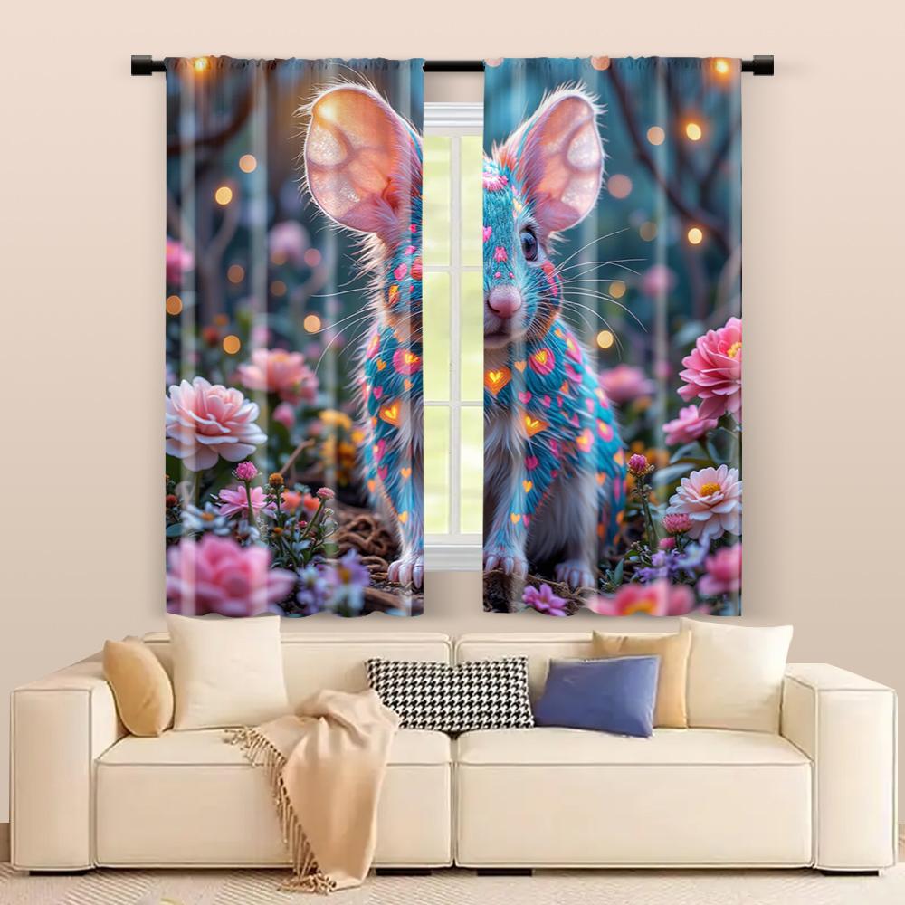 2 ks filtračních závěsů (bez tyčí, nepohyblivé, bez baterií) barevné myšky a srdíčka pro použití v ložnicích a