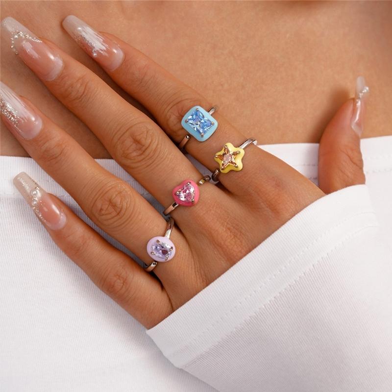 Elegant Square/Star/Heart/Oval Adjustable Ring Cubic Zirconia Embellished Copper Jewelry Trendy Stackable Accessory